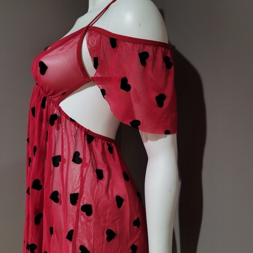 Heart Print Ruffle Mesh Slip Lingerie - Picture 3 of 7